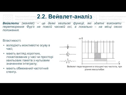 2.2. Вейвлет-аналіз Властивості: володіють можливістю зсуву в часі; мають вигляд коротких, локалізованих