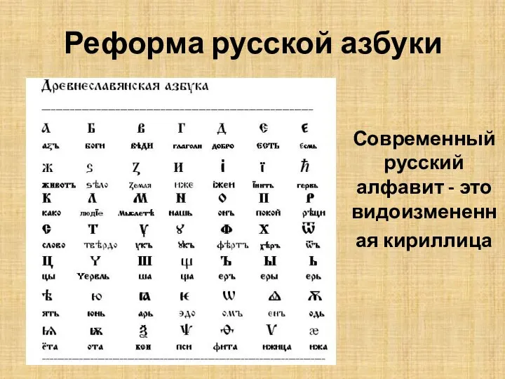 Современный русский алфавит - это видоизмененная кириллица Реформа русской азбуки
