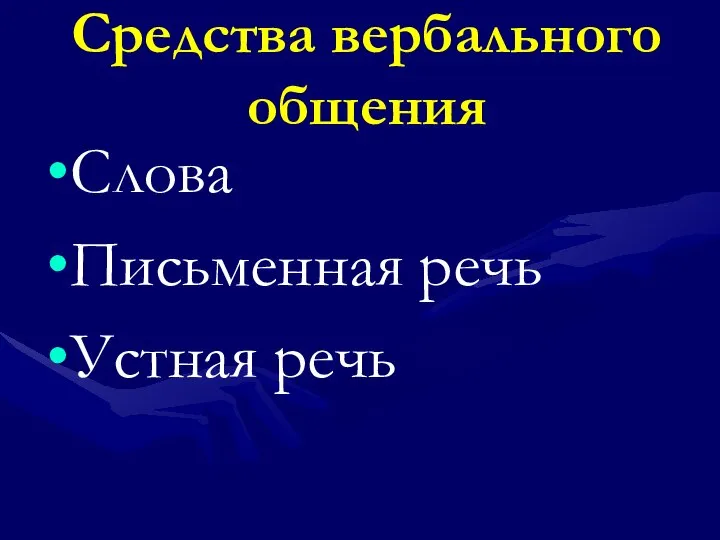 Средства вербального общения Слова Письменная речь Устная речь