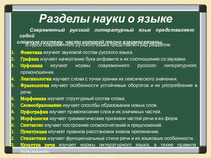 Разделы науки о языке Современный русский литературный язык представляет собой сложную систему,