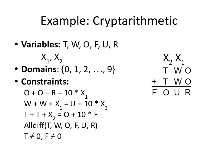 Example: Cryptarithmetic Variables: T, W, O, F, U, R X1, X2 Domains: