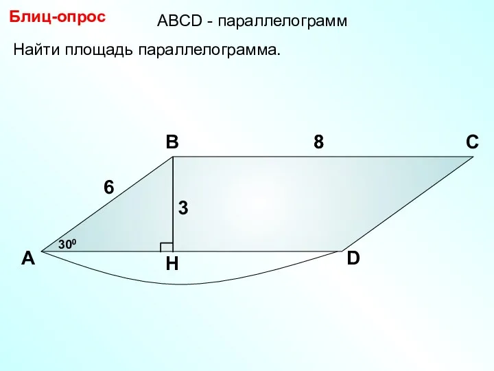 Найти площадь параллелограмма. Блиц-опрос А В С D 6 300 8 8 3 АBCD - параллелограмм