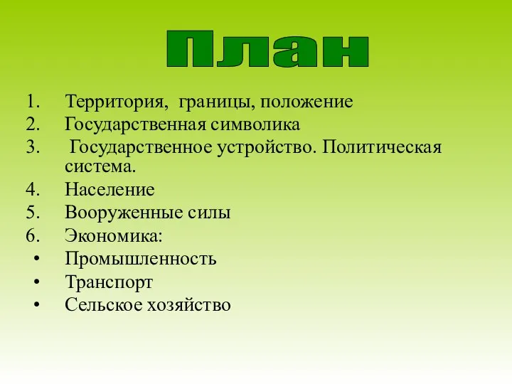 Территория, границы, положение Государственная символика Государственное устройство. Политическая система. Население Вооруженные силы