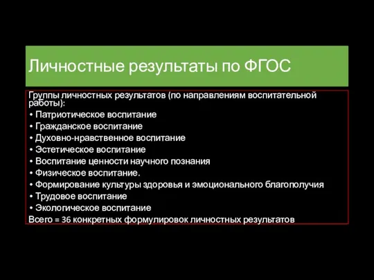 Личностные результаты по ФГОС Группы личностных результатов (по направлениям воспитательной работы): Патриотическое