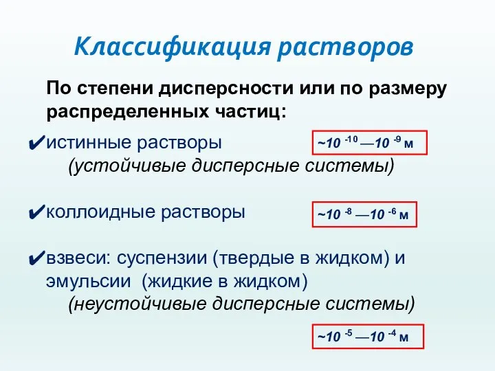 Классификация растворов По степени дисперсности или по размеру распределенных частиц: истинные растворы