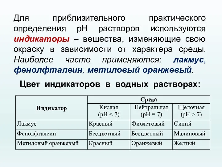 Для приблизительного практического определения рН растворов используются индикаторы – вещества, изменяющие свою