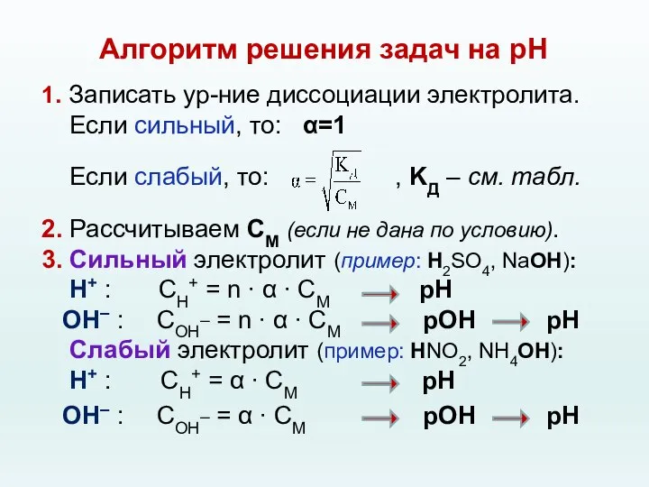 Алгоритм решения задач на рН 1. Записать ур-ние диссоциации электролита. Если сильный,