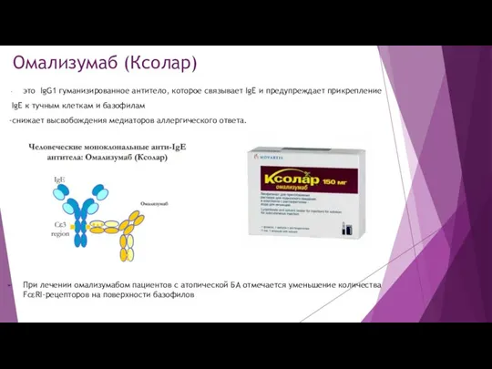 Омализумаб (Ксолар) это IgG1 гуманизированное антитело, которое связывает IgE и предупреждает прикрепление