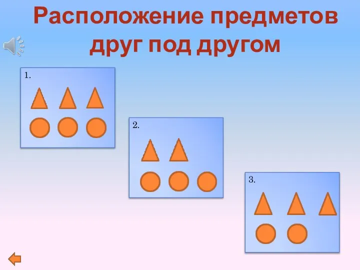 2. 1. Расположение предметов друг под другом 3.