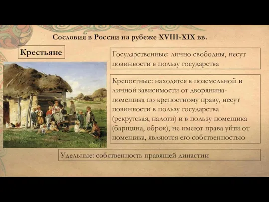 Сословия в России на рубеже XVIII-XIX вв. Крестьяне Государственные: лично свободны, несут