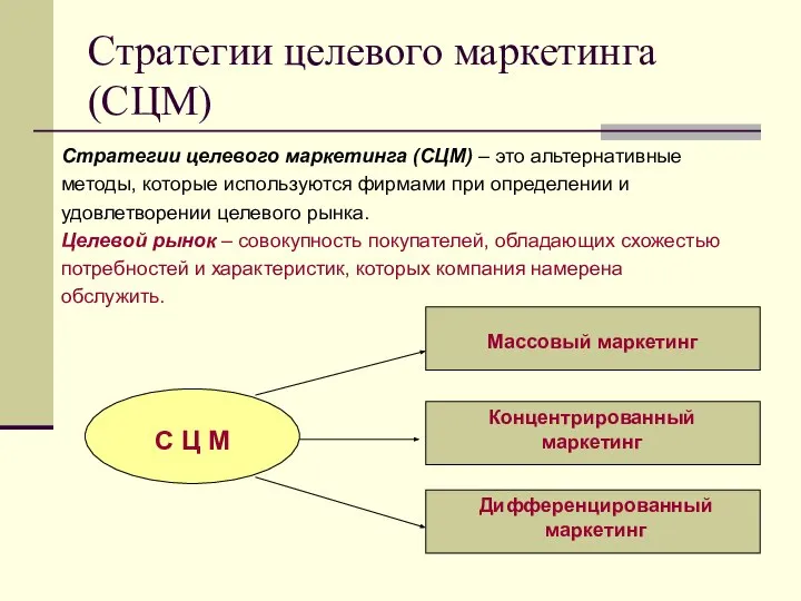 Стратегии целевого маркетинга (СЦМ) Стратегии целевого маркетинга (СЦМ) – это альтернативные методы,