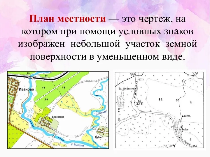 План местности — это чертеж, на котором при помощи условных знаков изображен