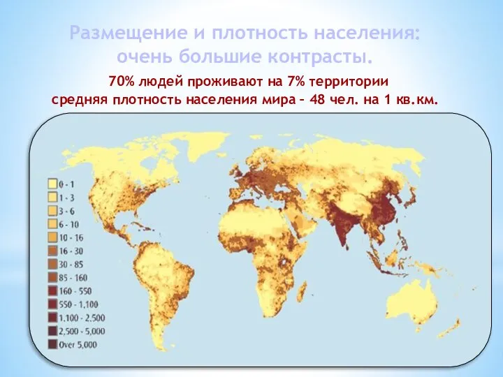 Размещение и плотность населения: очень большие контрасты. 70% людей проживают на 7%