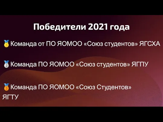 Победители 2021 года ?Команда от ПО ЯОМОО «Союз студентов» ЯГСХА ?Команда ПО