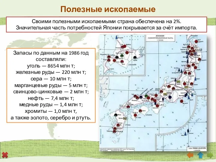 Полезные ископаемые Запасы по данным на 1986 год составляли: уголь — 8654