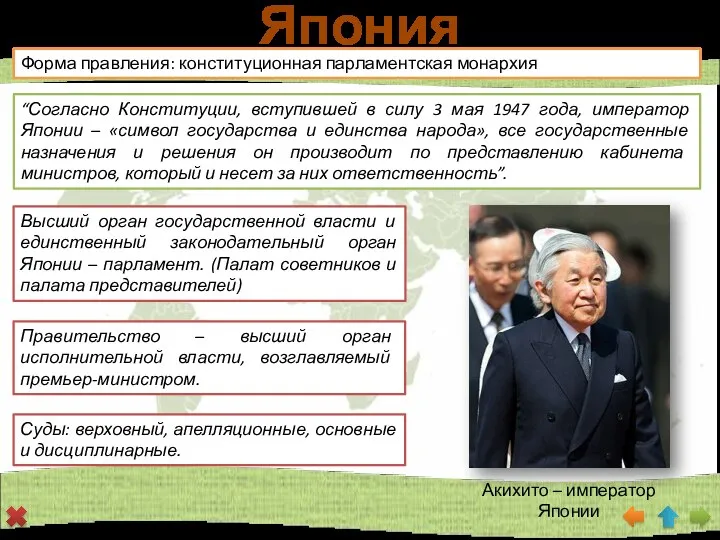 Япония Форма правления: конституционная парламентская монархия “Согласно Конституции, вступившей в силу 3