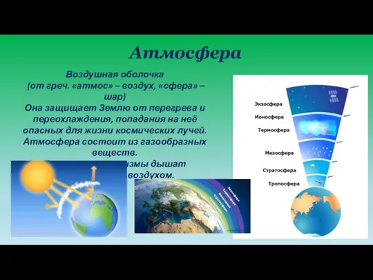 Атмосфера Воздушная оболочка (от греч. «атмос» – воздух, «сфера» – шар) Она