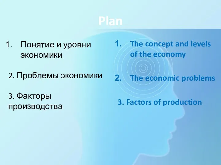Plan The concept and levels of the economy The economic problems 3.