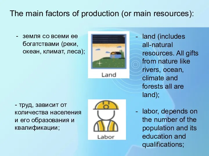 земля со всеми ее богатствами (реки, океан, климат, леса); - труд, зависит