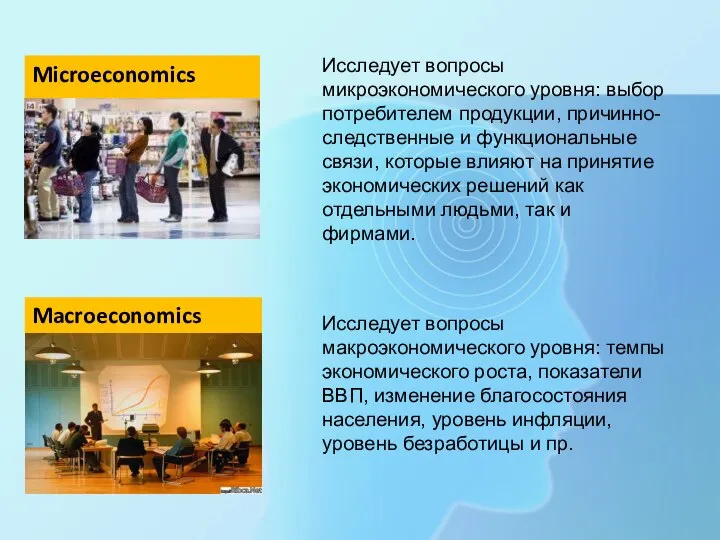 Microeconomics Macroeconomics Исследует вопросы микроэкономического уровня: выбор потребителем продукции, причинно-следственные и функциональные