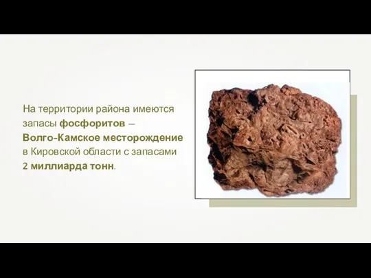 На территории района имеются запасы фосфоритов — Волго-Камское месторождение в Кировской области