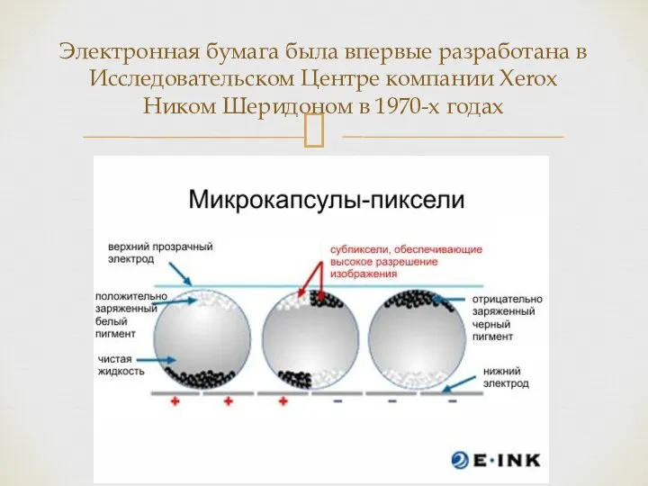 Электронная бумага была впервые разработана в Исследовательском Центре компании Xerox Ником Шеридоном в 1970-х годах