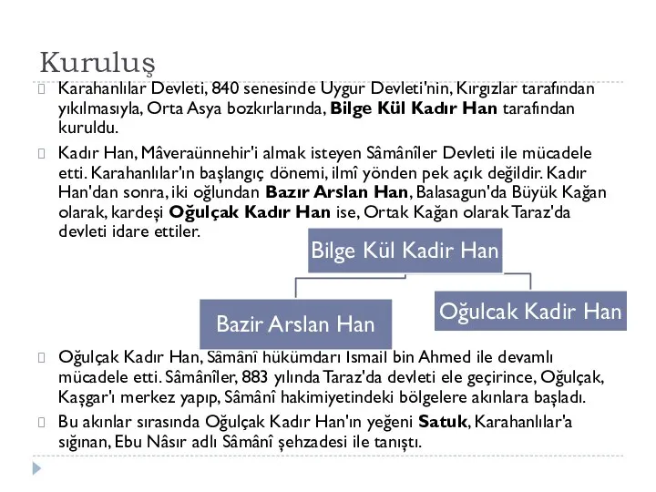 Kuruluş Karahanlılar Devleti, 840 senesinde Uygur Devleti'nin, Kırgızlar tarafından yıkılmasıyla, Orta Asya