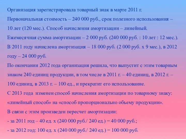 Организация зарегистрировала товарный знак в марте 2011 г. Первоначальная стоимость – 240