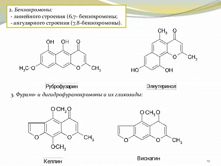 2. Бензохромоны: - линейного строения (6,7- бензохромоны; - ангулярного строения (7,8-бензохромоны). 3.