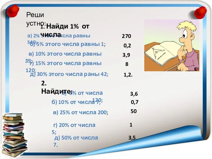 Реши устно:. а) 2% этого числа равны 540; б) 5% этого числа