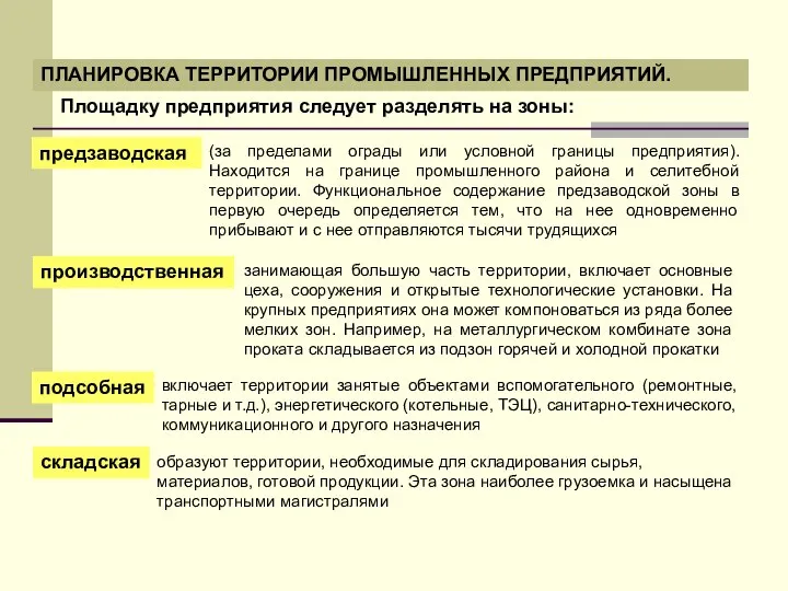 ПЛАНИРОВКА ТЕРРИТОРИИ ПРОМЫШЛЕННЫХ ПРЕДПРИЯТИЙ. Площадку предприятия следует разделять на зоны: (за пределами