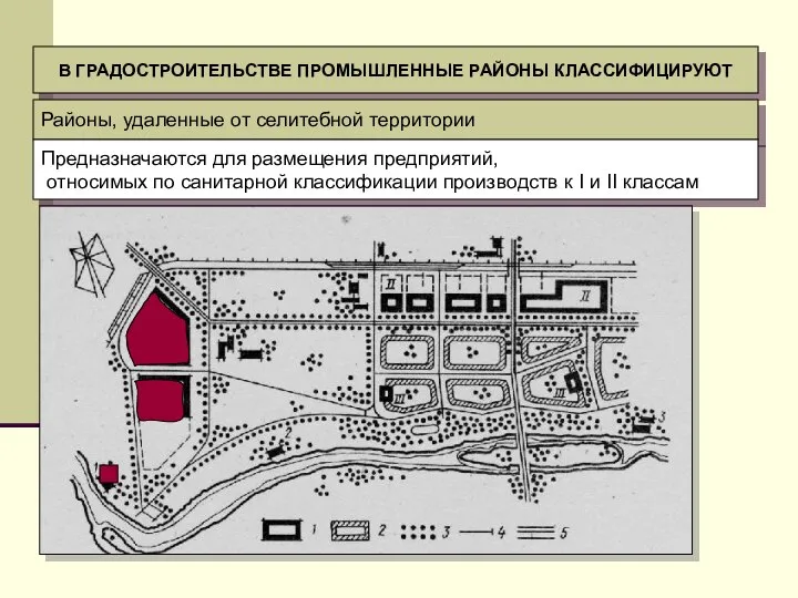 В ГРАДОСТРОИТЕЛЬСТВЕ ПРОМЫШЛЕННЫЕ РАЙОНЫ КЛАССИФИЦИРУЮТ Районы, удаленные от селитебной территории Предназначаются для