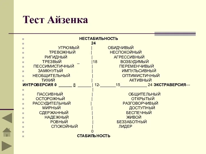 Тест Айзенка НЕСТАБИЛЬНОСТЬ 24 УГРЮМЫЙ | ОБИДЧИВЫЙ ТРЕВОЖНЫЙ | НЕСПОКОЙНЫЙ РИГИДНЫЙ |