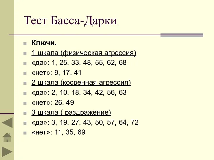 Тест Басса-Дарки Ключи. 1 шкала (физическая агрессия) «да»: 1, 25, 33, 48,