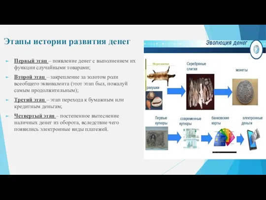 Этапы истории развития денег Первый этап – появление денег с выполнением их