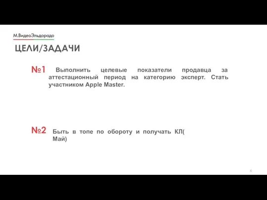 ЦЕЛИ/ЗАДАЧИ Выполнить целевые показатели продавца за аттестационный период на категорию эксперт. Стать