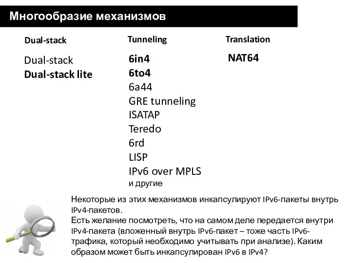 Многообразие механизмов перехода Dual-stack Tunneling Translation 6in4 6to4 6a44 GRE tunneling ISATAP