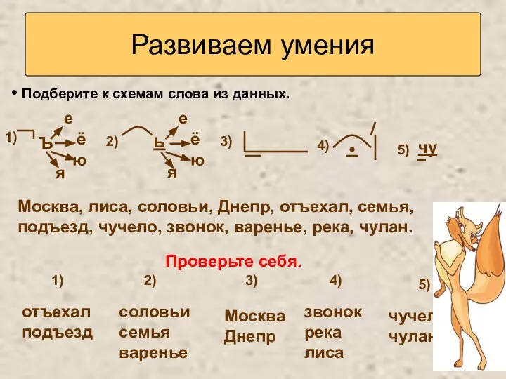 Подберите к схемам слова из данных. Развиваем умения Москва, лиса, соловьи, Днепр,