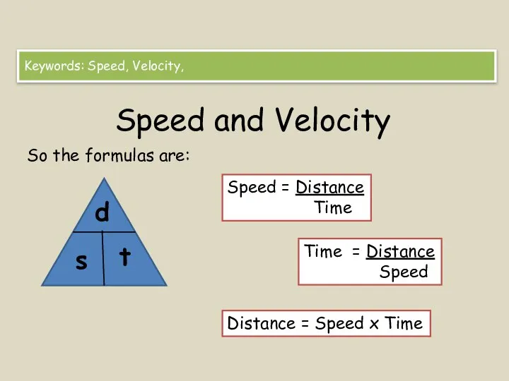 Speed and Velocity So the formulas are: Keywords: Speed, Velocity, d t