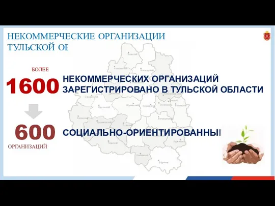 НЕКОММЕРЧЕСКИЕ ОРГАНИЗАЦИИ ТУЛЬСКОЙ ОБЛАСТИ БОЛЕЕ 1600 НЕКОММЕРЧЕСКИХ ОРГАНИЗАЦИЙ ЗАРЕГИСТРИРОВАНО В ТУЛЬСКОЙ ОБЛАСТИ 600 ОРГАНИЗАЦИЙ СОЦИАЛЬНО-ОРИЕНТИРОВАННЫЕ