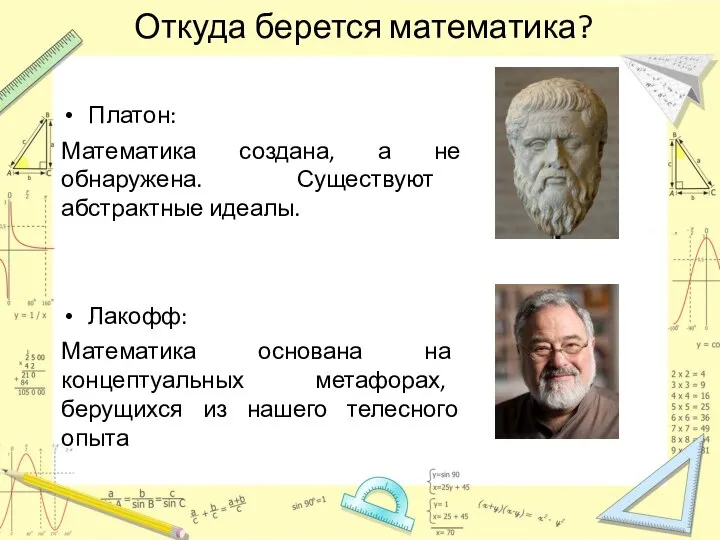 Откуда берется математика? Платон: Математика создана, а не обнаружена. Существуют абстрактные идеалы.