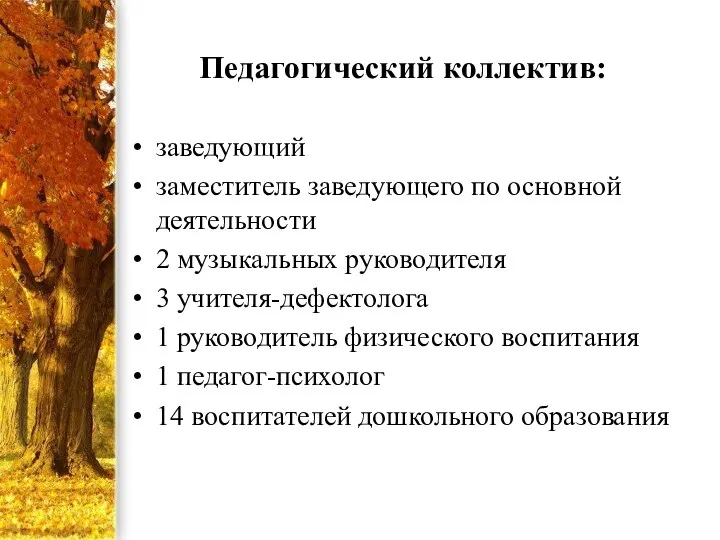 Педагогический коллектив: заведующий заместитель заведующего по основной деятельности 2 музыкальных руководителя 3