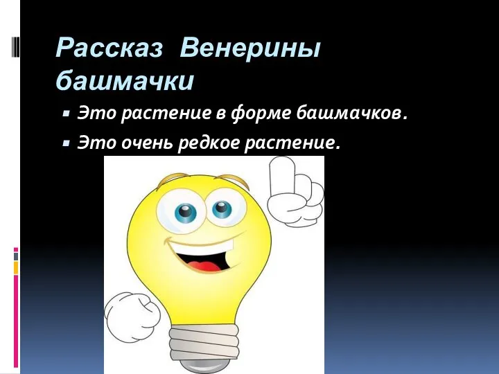 Рассказ Венерины башмачки Это растение в форме башмачков. Это очень редкое растение.