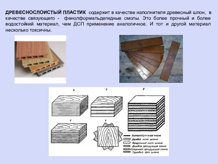 ДРЕВЕСНОСЛОИСТЫЙ ПЛАСТИК содержит в качестве наполнителя древесный шпон, в качестве связующего -