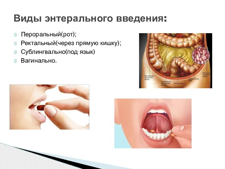 Пероральный(рот); Ректальный(через прямую кишку); Сублингвально(под язык) Вагинально. Виды энтерального введения: