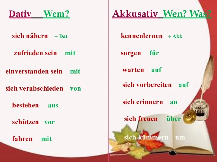 Dativ Wem? Akkusativ Wen? Was? sich nähern kennenlernen sorgen zufrieden sein warten