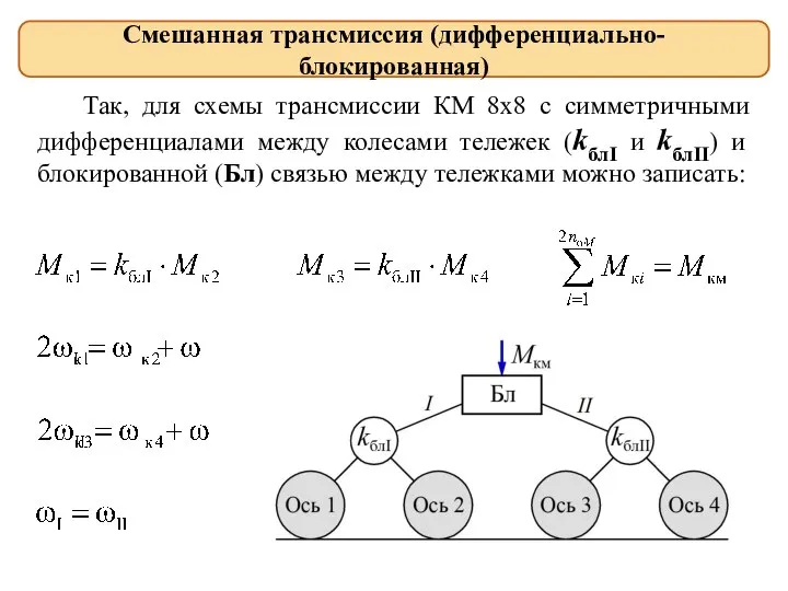 Смешанная трансмиссия (дифференциально-блокированная) Так, для схемы трансмиссии КМ 8x8 с симметричными дифференциалами