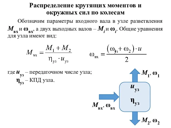 Обозначим параметры входного вала в узле разветвления Мвх и ωвх, а двух