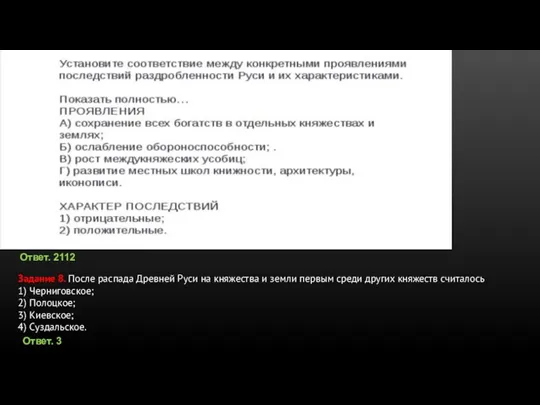 Ответ. 2112 Задание 8. После распада Древней Руси на княжества и земли