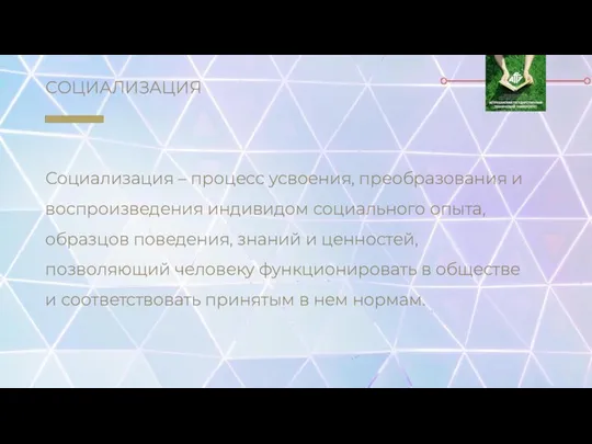 СОЦИАЛИЗАЦИЯ Социализация – процесс усвоения, преобразования и воспроизведения индивидом социального опыта, образцов